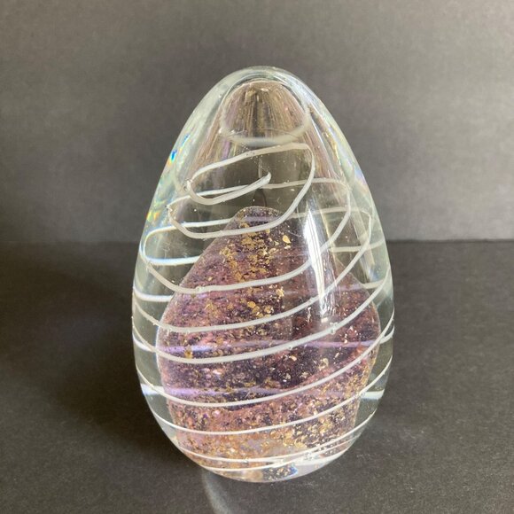 Hand Blown Glass Egg Shaped Paperweight Dichroic Purple And Gold White Swirls - Picture 1 of 7
